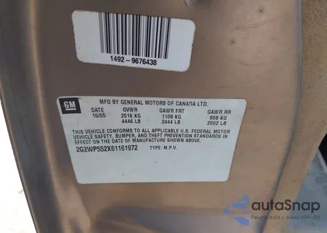 2006 Pontiac Grand Prix z USA, uszkodzony, nr VIN 2G2WP552X61161972